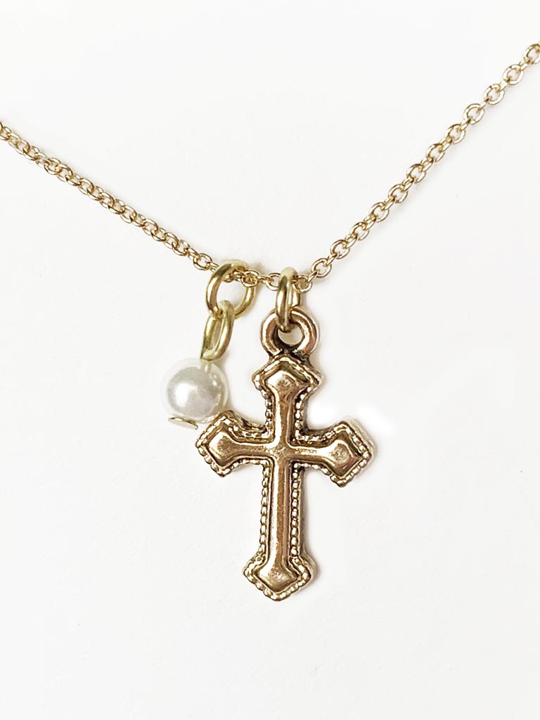 Cross Necklace with pearl accent - Gold