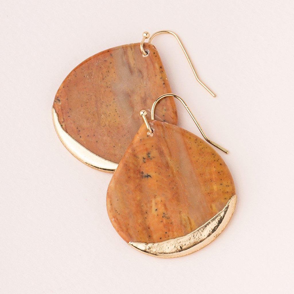 Stone Dipped Teardrop Earrings - Petrified Wood & Gold